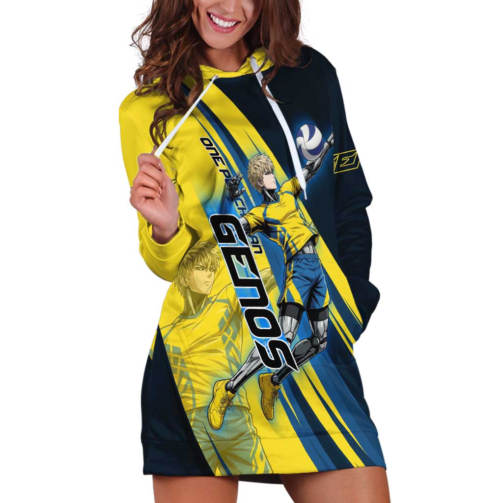 Personalized Genos Volleyball Design Hoodie Dress with Yellow and Blue Athletic Theme and Dynamic Spike Pose