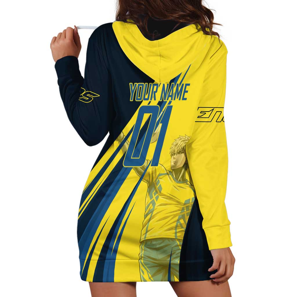 Personalized Genos Volleyball Design Hoodie Dress with Yellow and Blue Athletic Theme and Dynamic Spike Pose