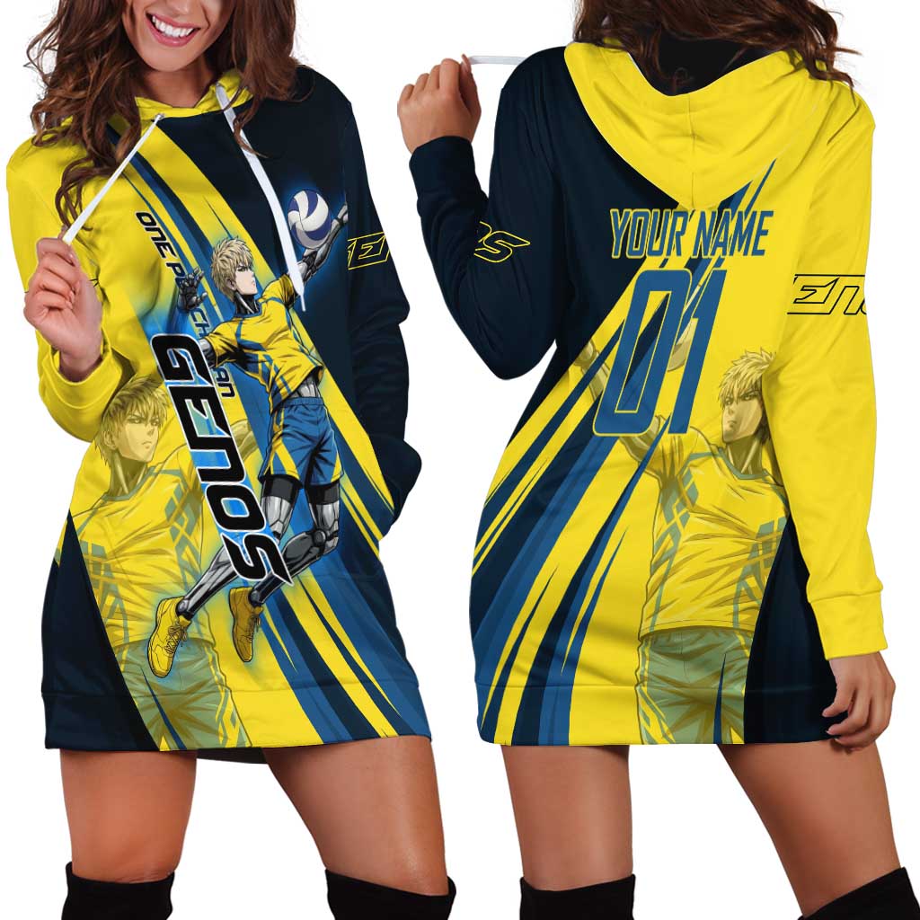 Personalized Genos Volleyball Design Hoodie Dress with Yellow and Blue Athletic Theme and Dynamic Spike Pose