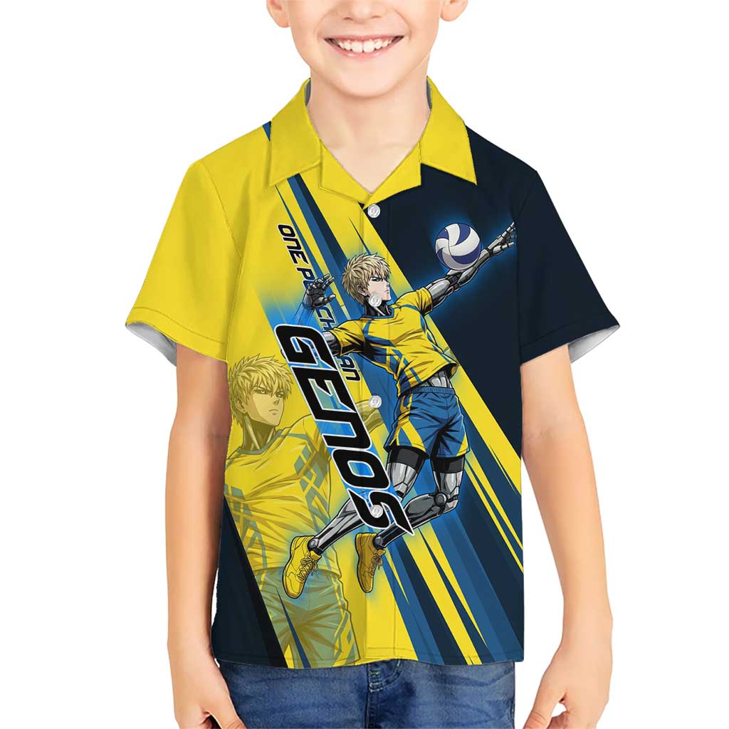 Personalized Genos Volleyball Design Kid Hawaiian Shirt with Yellow and Blue Athletic Theme and Dynamic Spike Pose