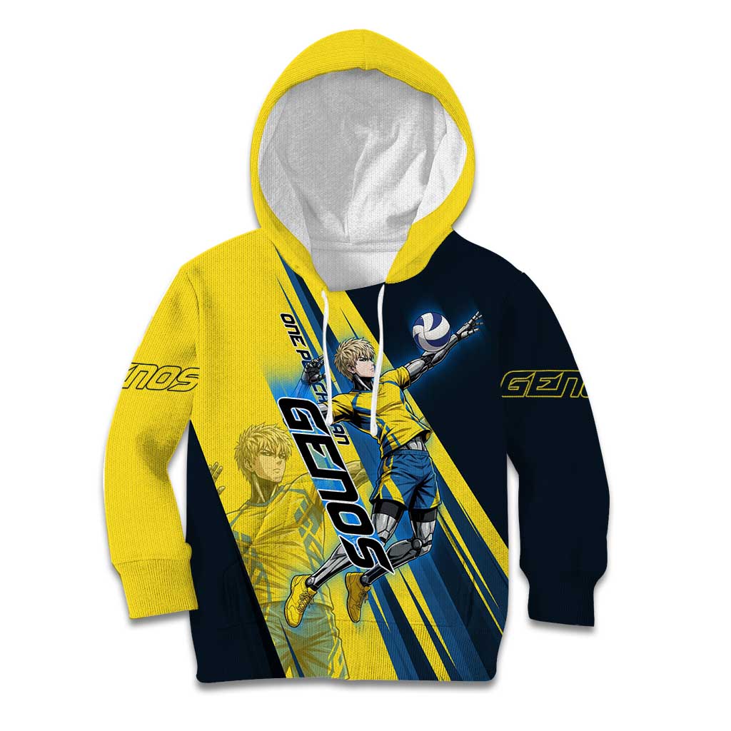 Personalized Genos Volleyball Design Kid Hoodie with Yellow and Blue Athletic Theme and Dynamic Spike Pose
