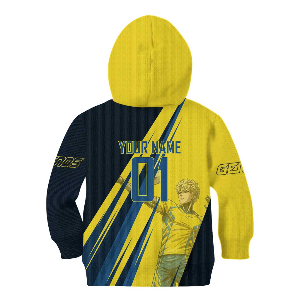 Personalized Genos Volleyball Design Kid Hoodie with Yellow and Blue Athletic Theme and Dynamic Spike Pose