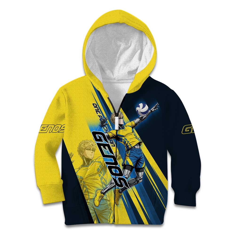 Personalized Genos Volleyball Design Kid Hoodie with Yellow and Blue Athletic Theme and Dynamic Spike Pose