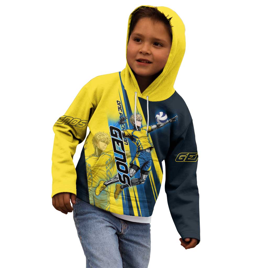 Personalized Genos Volleyball Design Kid Hoodie with Yellow and Blue Athletic Theme and Dynamic Spike Pose