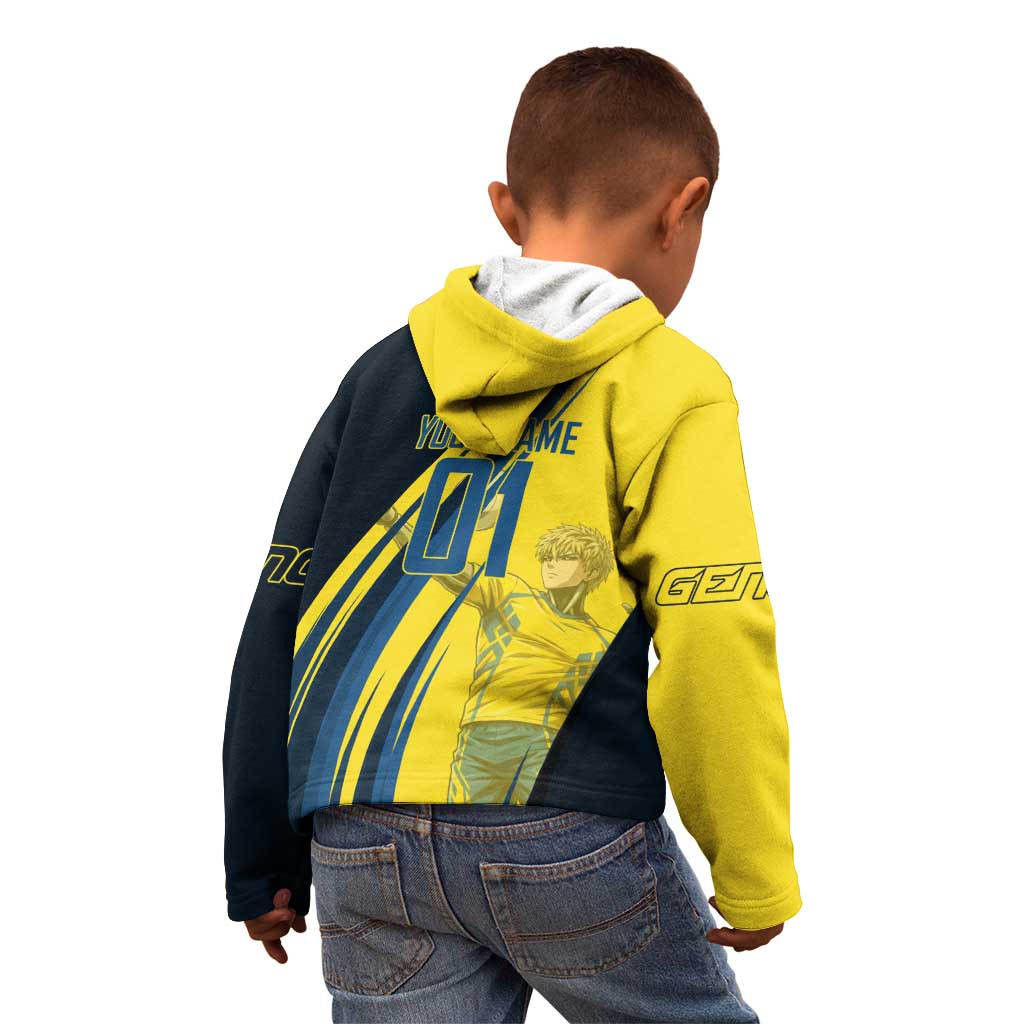 Personalized Genos Volleyball Design Kid Hoodie with Yellow and Blue Athletic Theme and Dynamic Spike Pose
