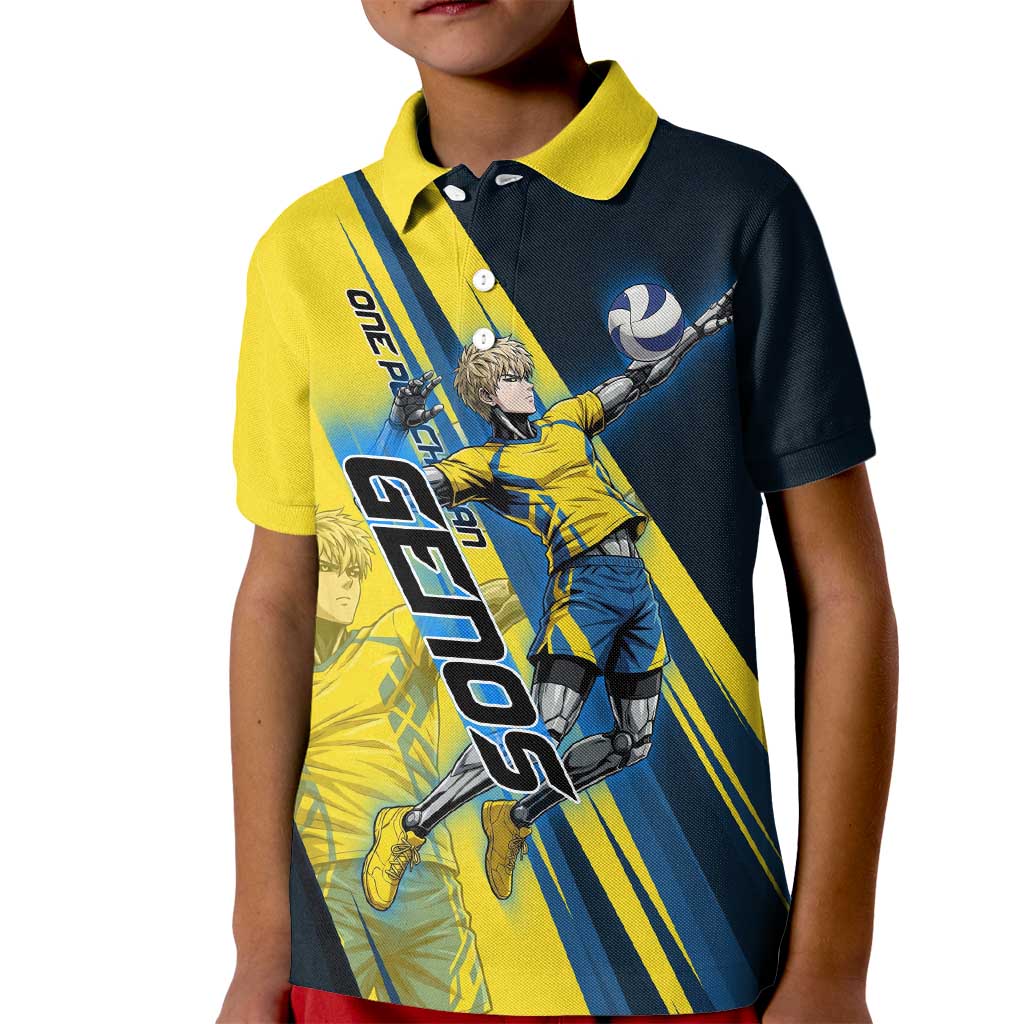 Personalized Genos Volleyball Design Kid Polo Shirt with Yellow and Blue Athletic Theme and Dynamic Spike Pose