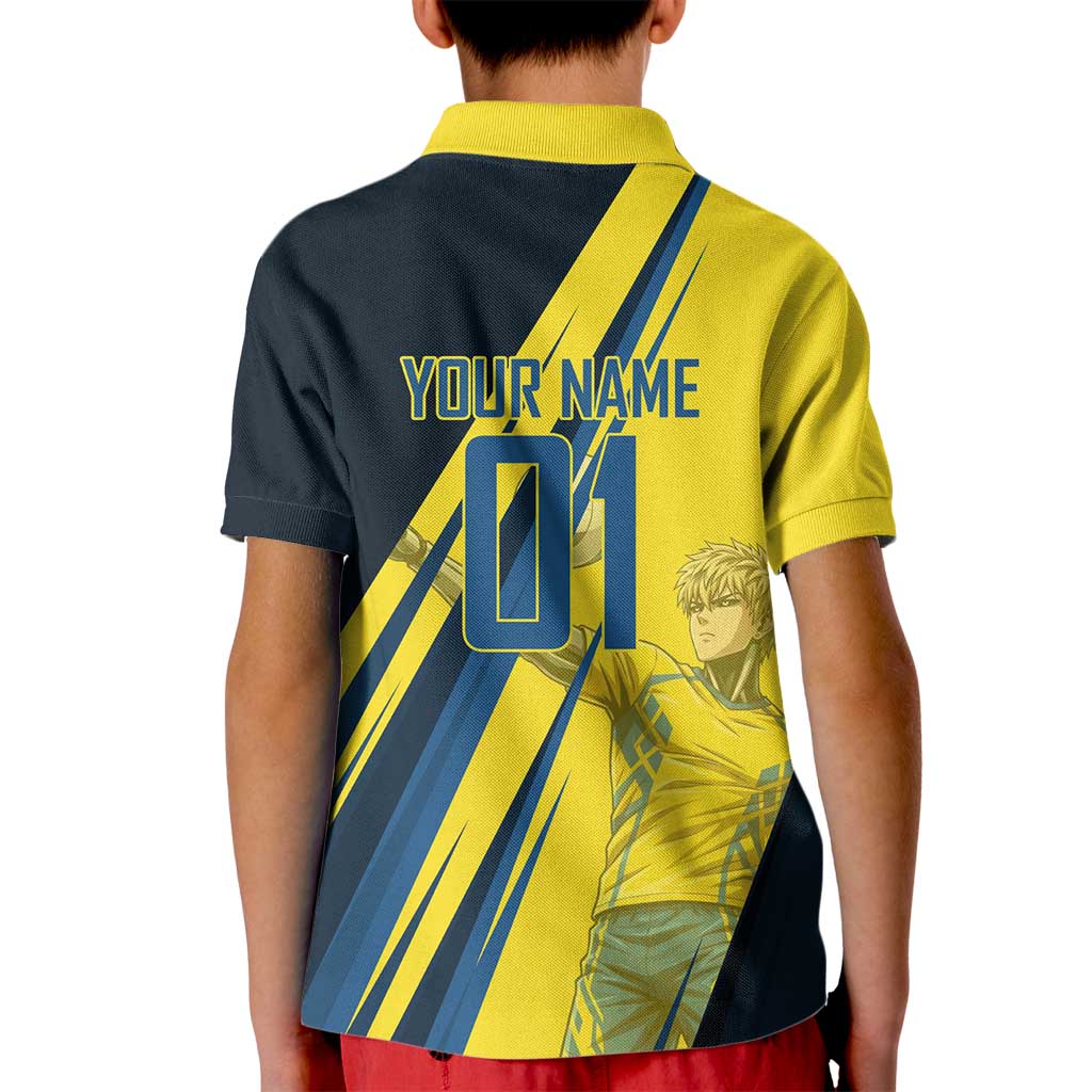 Personalized Genos Volleyball Design Kid Polo Shirt with Yellow and Blue Athletic Theme and Dynamic Spike Pose