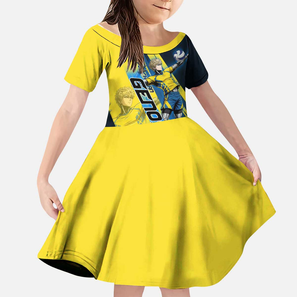 Personalized Genos Volleyball Design Kid Short Sleeve Dress with Yellow and Blue Athletic Theme and Dynamic Spike Pose