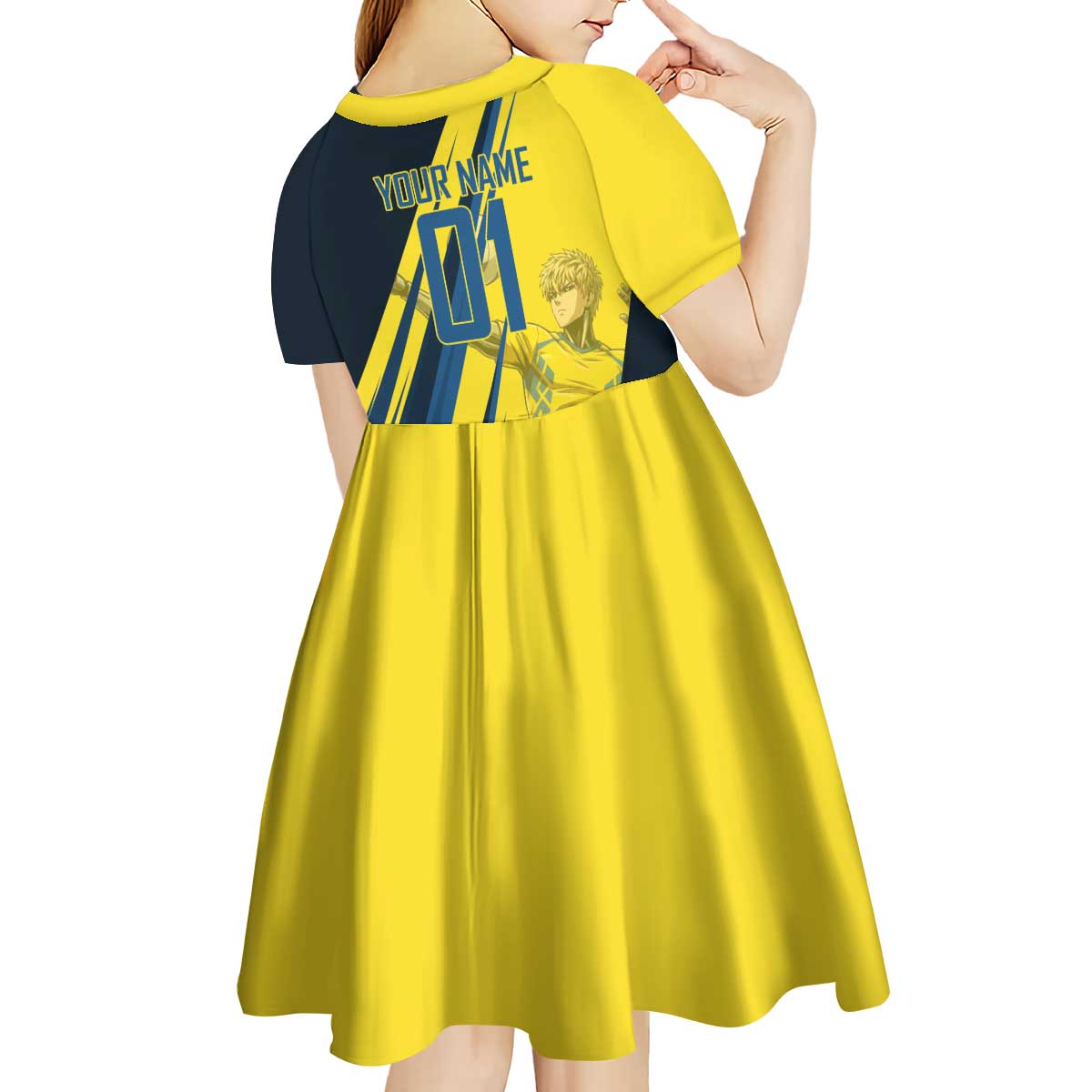 Personalized Genos Volleyball Design Kid Short Sleeve Dress with Yellow and Blue Athletic Theme and Dynamic Spike Pose