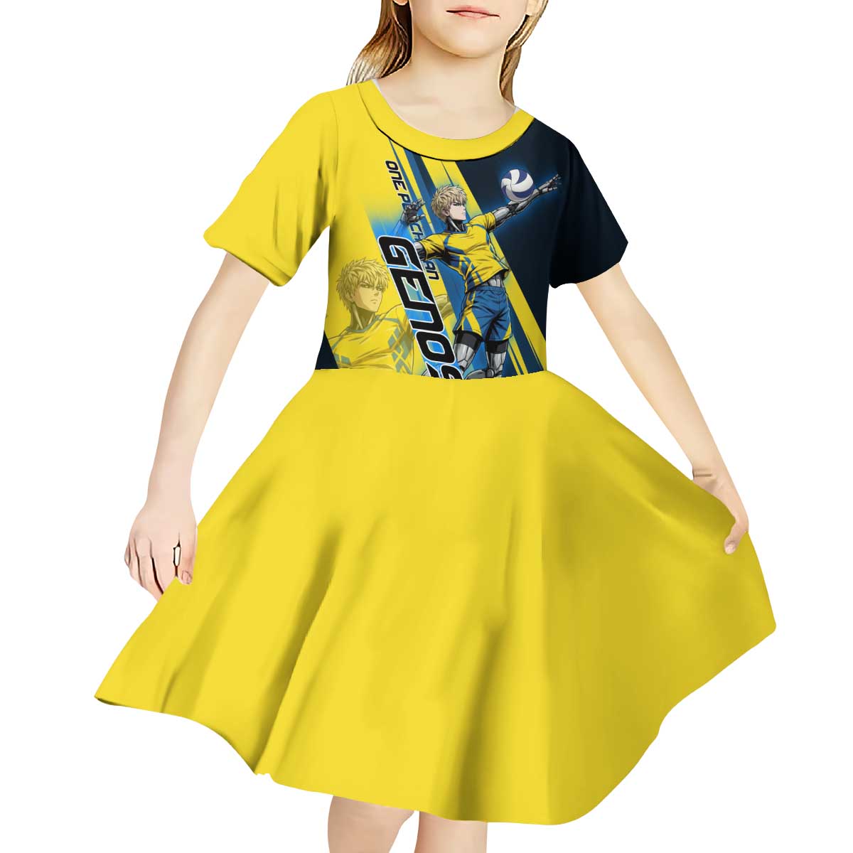 Personalized Genos Volleyball Design Kid Short Sleeve Dress with Yellow and Blue Athletic Theme and Dynamic Spike Pose