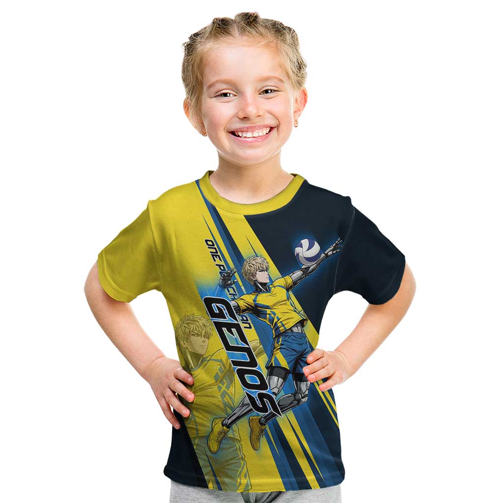 Personalized Genos Volleyball Design Kid T Shirt with Yellow and Blue Athletic Theme and Dynamic Spike Pose