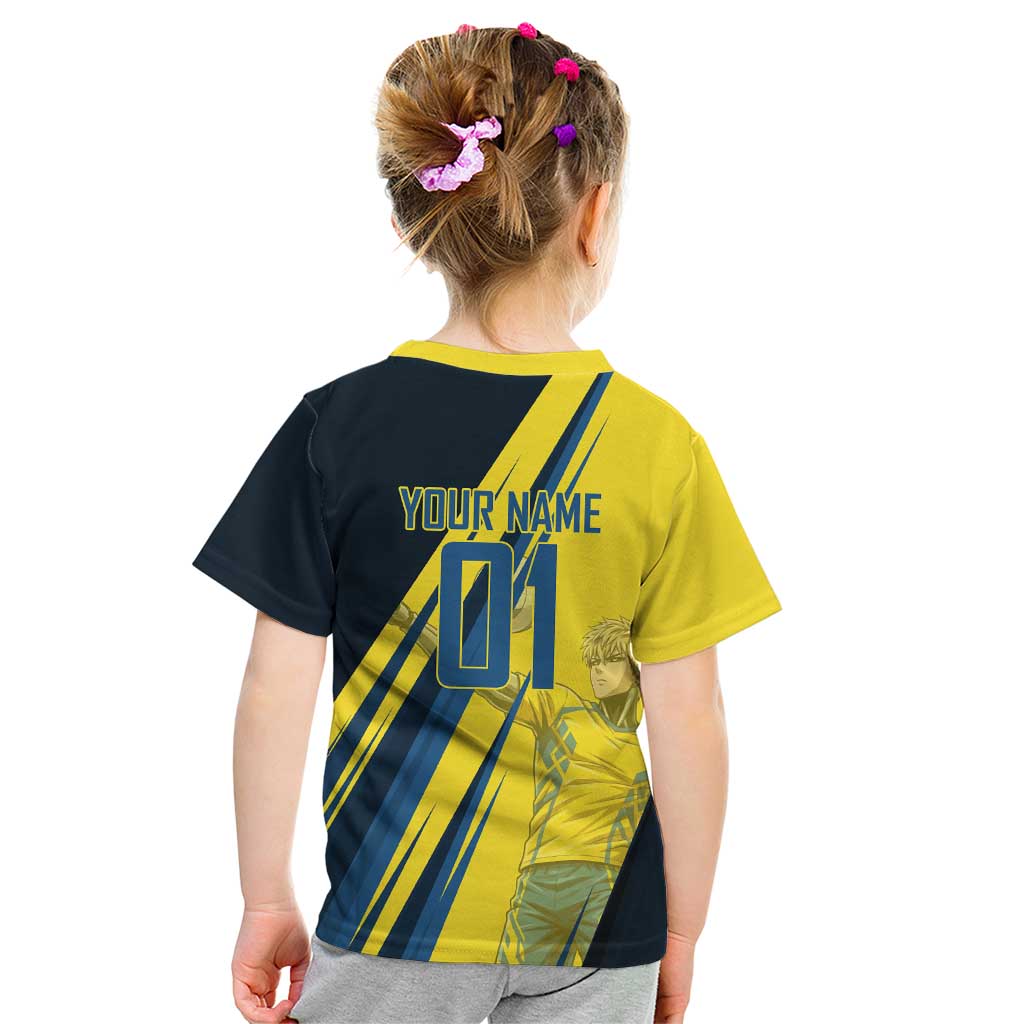 Personalized Genos Volleyball Design Kid T Shirt with Yellow and Blue Athletic Theme and Dynamic Spike Pose