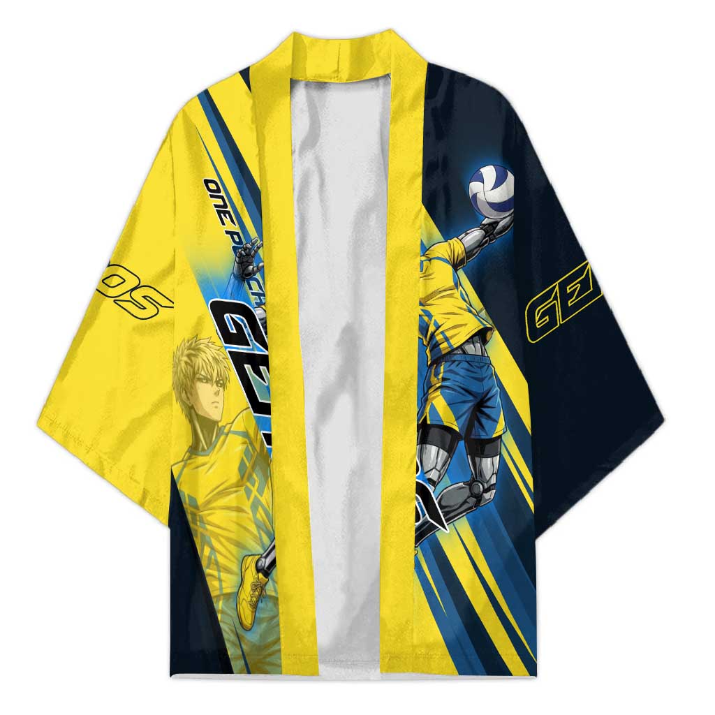 Personalized Genos Volleyball Design Kimono with Yellow and Blue Athletic Theme and Dynamic Spike Pose