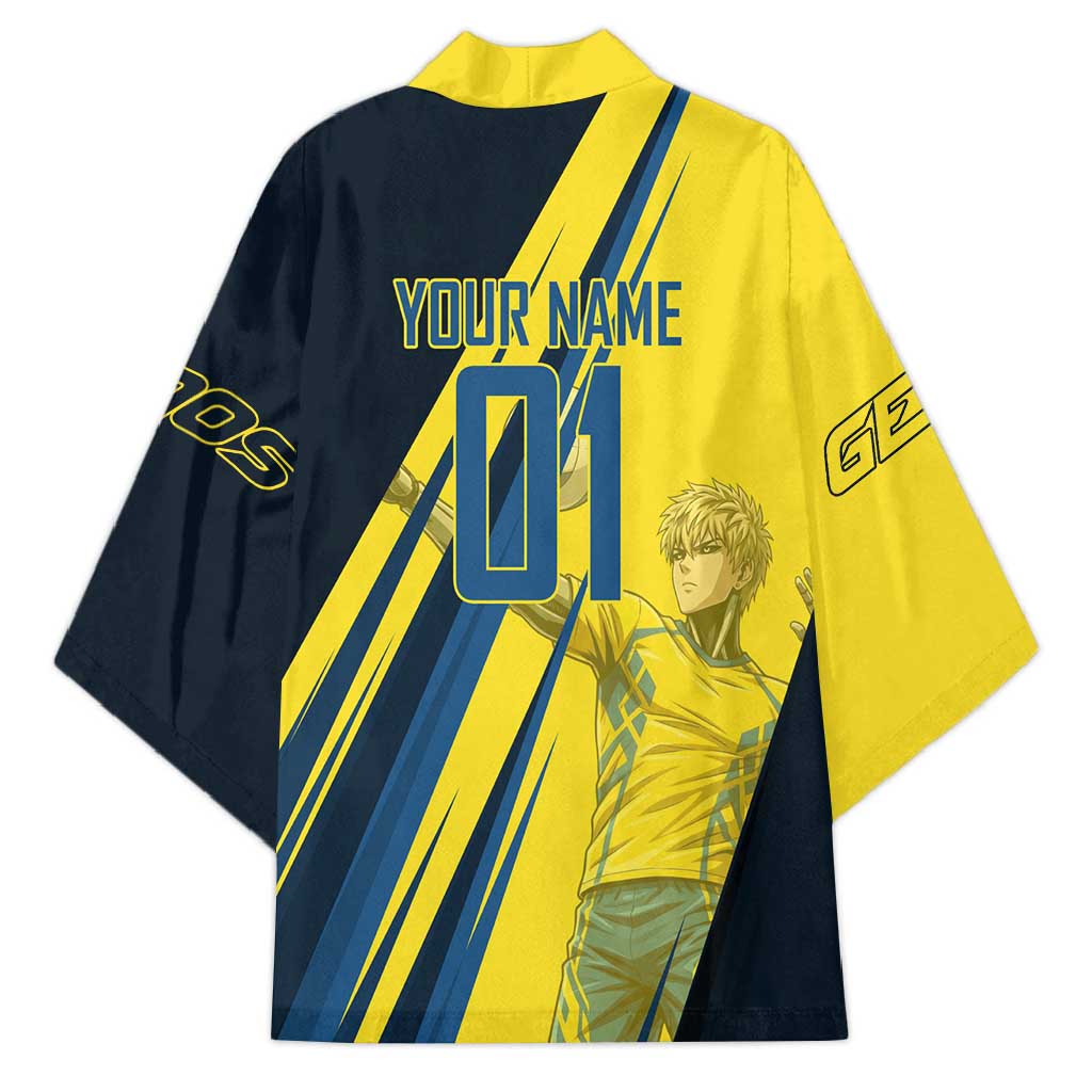 Personalized Genos Volleyball Design Kimono with Yellow and Blue Athletic Theme and Dynamic Spike Pose