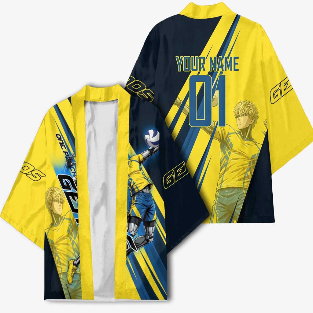 Personalized Genos Volleyball Design Kimono with Yellow and Blue Athletic Theme and Dynamic Spike Pose