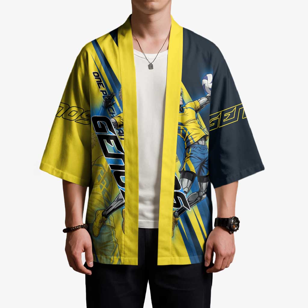 Personalized Genos Volleyball Design Kimono with Yellow and Blue Athletic Theme and Dynamic Spike Pose