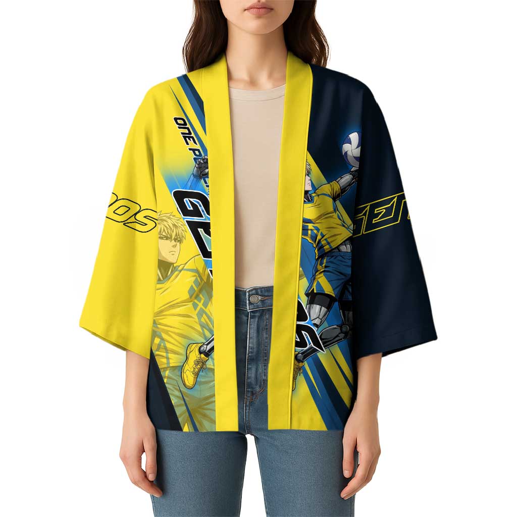 Personalized Genos Volleyball Design Kimono with Yellow and Blue Athletic Theme and Dynamic Spike Pose