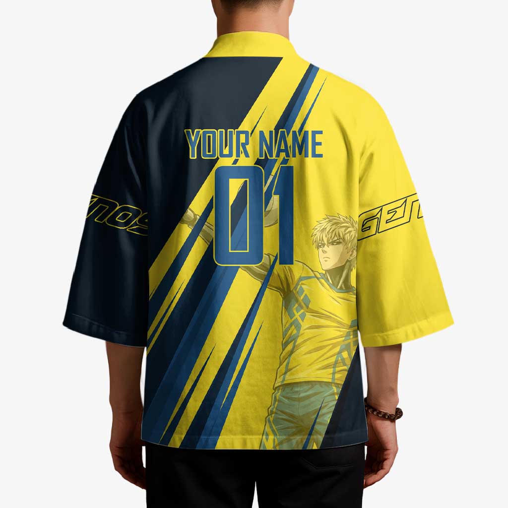 Personalized Genos Volleyball Design Kimono with Yellow and Blue Athletic Theme and Dynamic Spike Pose