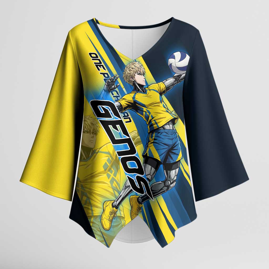 Personalized Genos Volleyball Design Kimono Sleeve Blouse with Yellow and Blue Athletic Theme and Dynamic Spike Pose