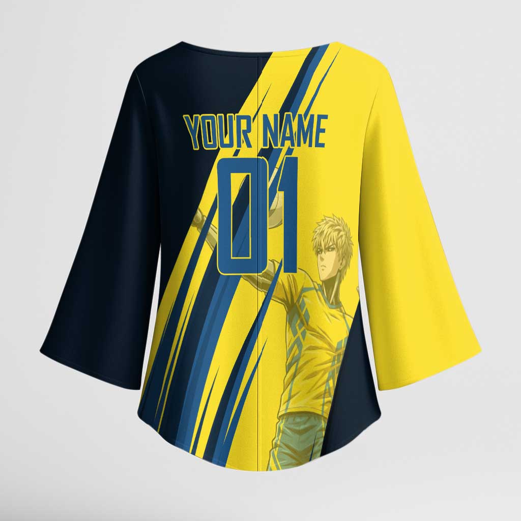Personalized Genos Volleyball Design Kimono Sleeve Blouse with Yellow and Blue Athletic Theme and Dynamic Spike Pose