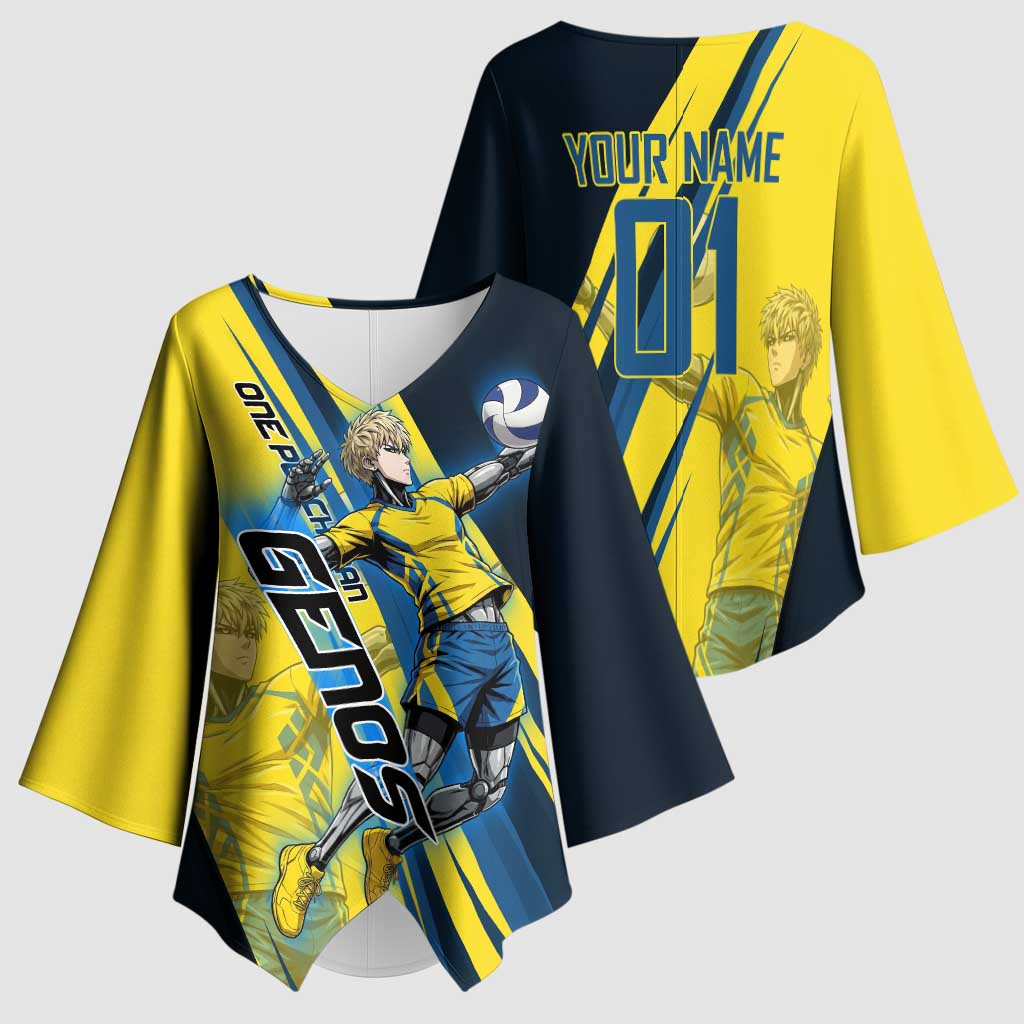 Personalized Genos Volleyball Design Kimono Sleeve Blouse with Yellow and Blue Athletic Theme and Dynamic Spike Pose