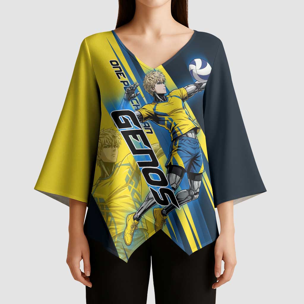 Personalized Genos Volleyball Design Kimono Sleeve Blouse with Yellow and Blue Athletic Theme and Dynamic Spike Pose