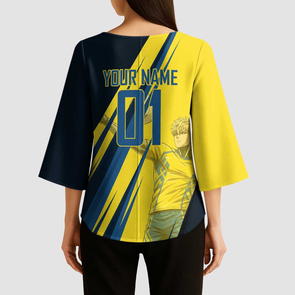 Personalized Genos Volleyball Design Kimono Sleeve Blouse with Yellow and Blue Athletic Theme and Dynamic Spike Pose