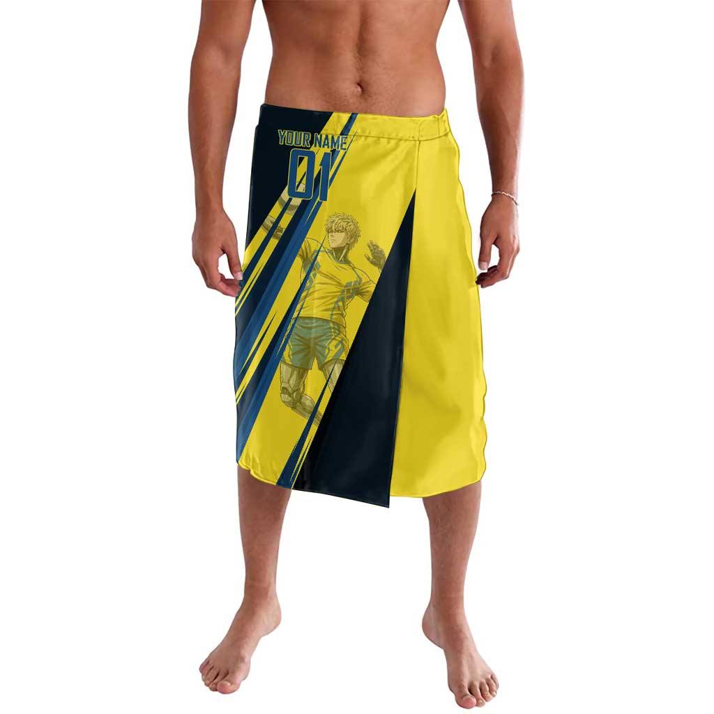Personalized Genos Volleyball Design Lavalava with Yellow and Blue Athletic Theme and Dynamic Spike Pose