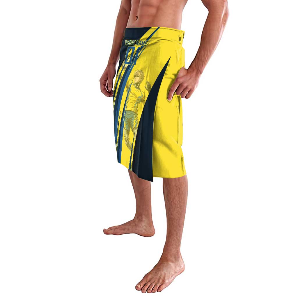 Personalized Genos Volleyball Design Lavalava with Yellow and Blue Athletic Theme and Dynamic Spike Pose