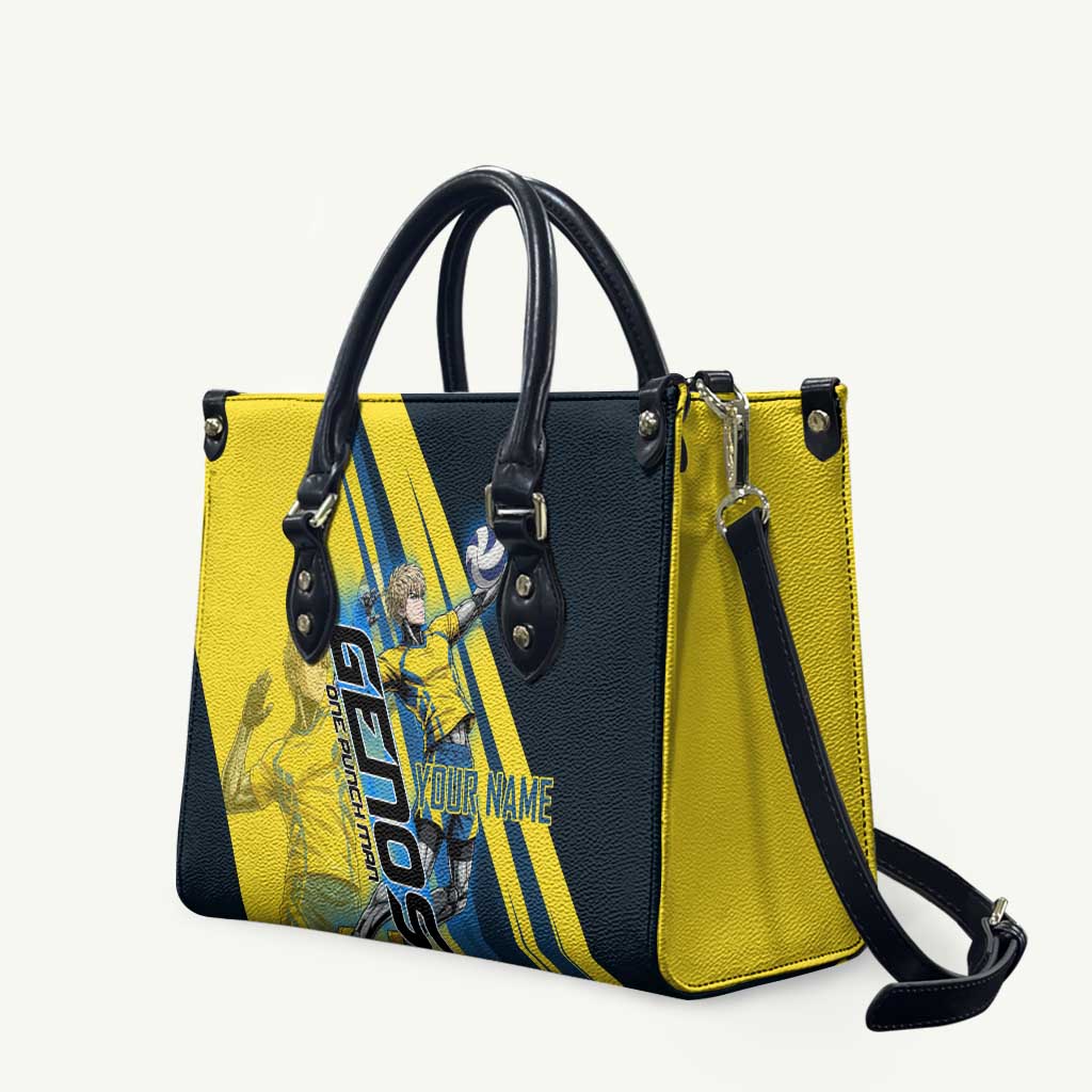 Personalized Genos Volleyball Design Leather Bag with Yellow and Blue Athletic Theme and Dynamic Spike Pose