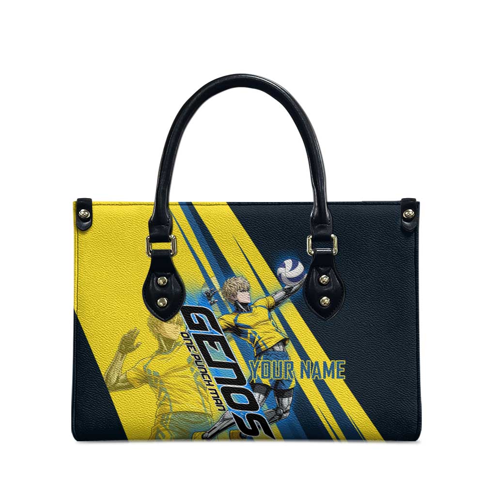 Personalized Genos Volleyball Design Leather Bag with Yellow and Blue Athletic Theme and Dynamic Spike Pose