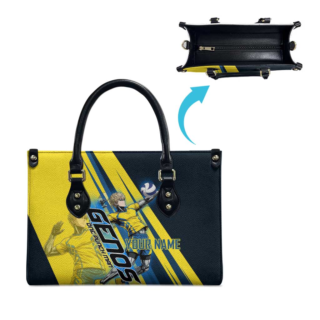 Personalized Genos Volleyball Design Leather Bag with Yellow and Blue Athletic Theme and Dynamic Spike Pose