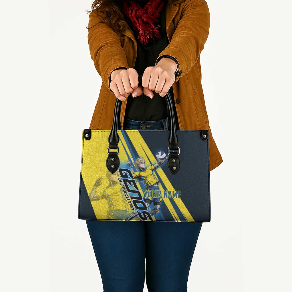Personalized Genos Volleyball Design Leather Bag with Yellow and Blue Athletic Theme and Dynamic Spike Pose