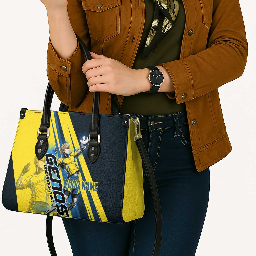 Personalized Genos Volleyball Design Leather Bag with Yellow and Blue Athletic Theme and Dynamic Spike Pose