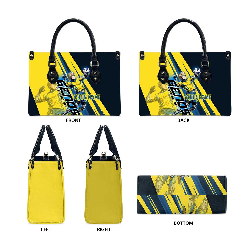 Personalized Genos Volleyball Design Leather Bag with Yellow and Blue Athletic Theme and Dynamic Spike Pose