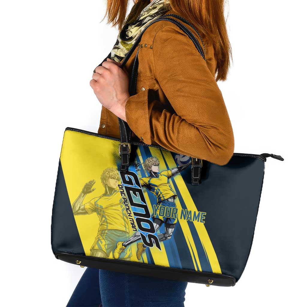 Personalized Genos Volleyball Design Leather Tote Bag with Yellow and Blue Athletic Theme and Dynamic Spike Pose