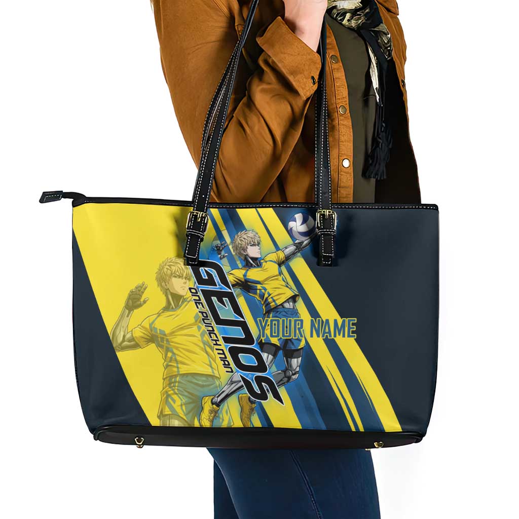 Personalized Genos Volleyball Design Leather Tote Bag with Yellow and Blue Athletic Theme and Dynamic Spike Pose