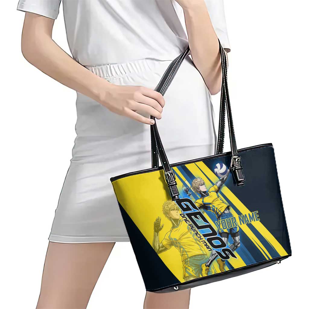 Personalized Genos Volleyball Design Leather Tote Bag with Yellow and Blue Athletic Theme and Dynamic Spike Pose