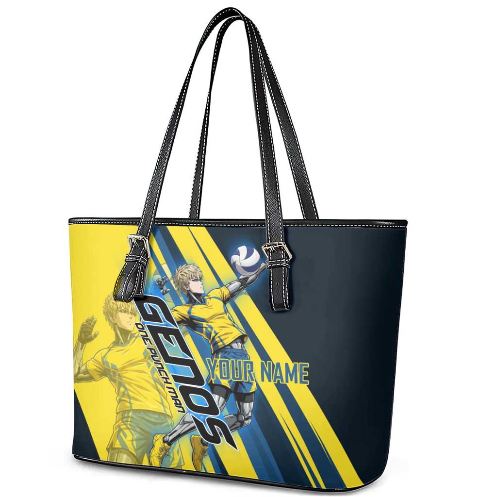 Personalized Genos Volleyball Design Leather Tote Bag with Yellow and Blue Athletic Theme and Dynamic Spike Pose
