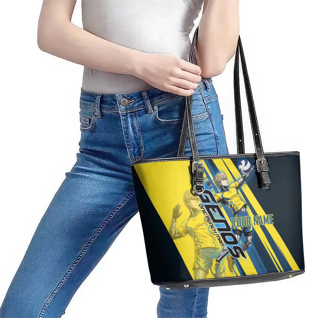 Personalized Genos Volleyball Design Leather Tote Bag with Yellow and Blue Athletic Theme and Dynamic Spike Pose