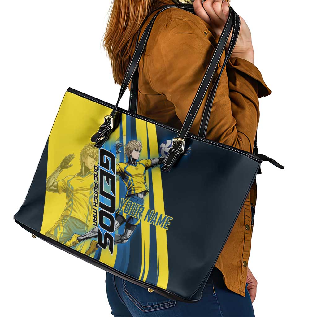 Personalized Genos Volleyball Design Leather Tote Bag with Yellow and Blue Athletic Theme and Dynamic Spike Pose