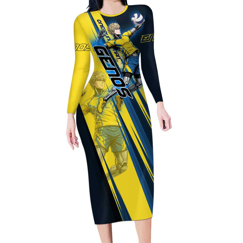 Personalized Genos Volleyball Design Long Sleeve Bodycon Dress with Yellow and Blue Athletic Theme and Dynamic Spike Pose