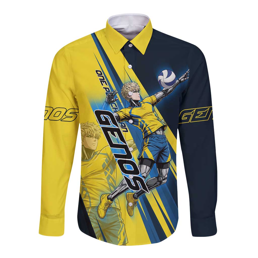 Personalized Genos Volleyball Design Long Sleeve Button Shirt with Yellow and Blue Athletic Theme and Dynamic Spike Pose