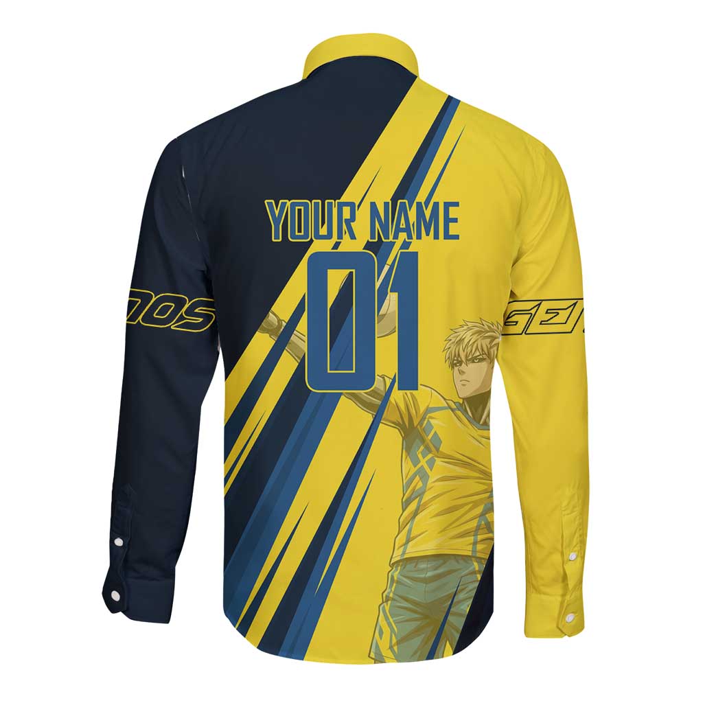 Personalized Genos Volleyball Design Long Sleeve Button Shirt with Yellow and Blue Athletic Theme and Dynamic Spike Pose