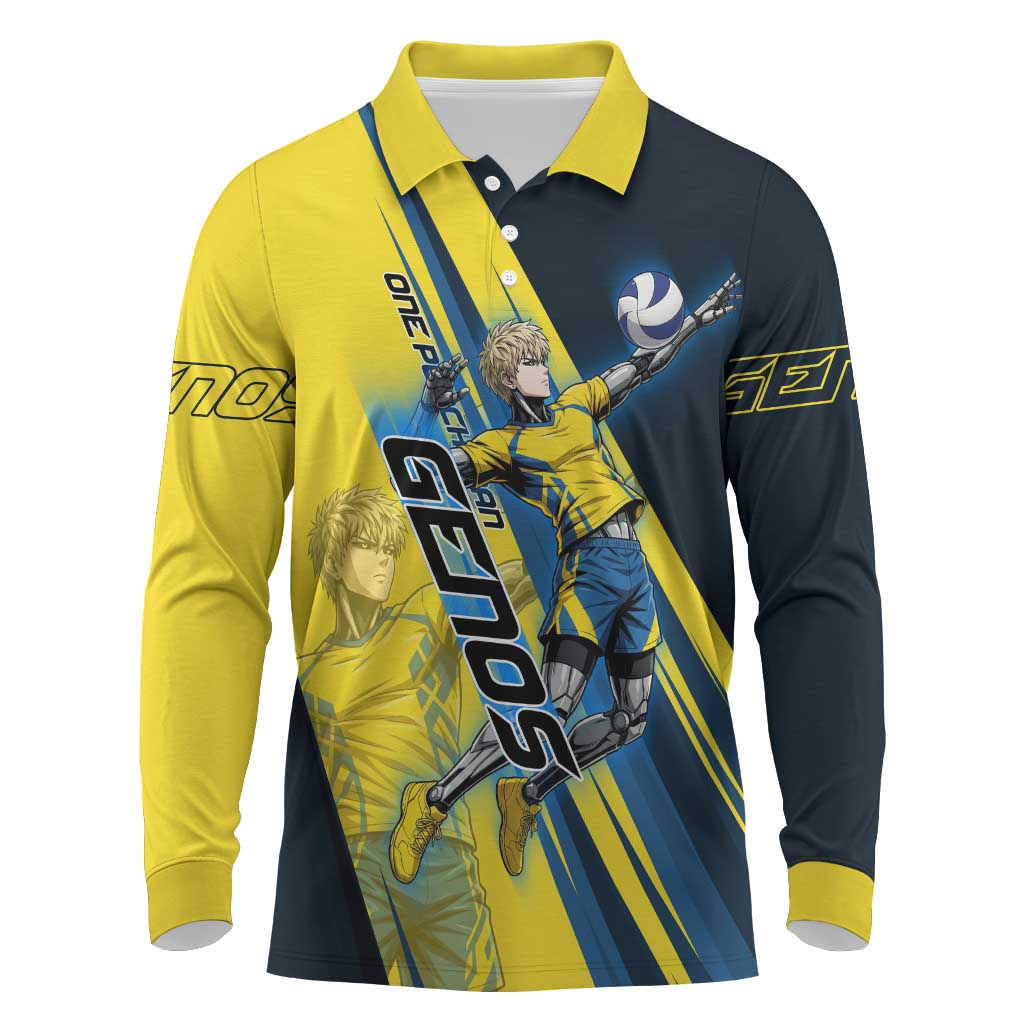 Personalized Genos Volleyball Design Long Sleeve Polo Shirt with Yellow and Blue Athletic Theme and Dynamic Spike Pose