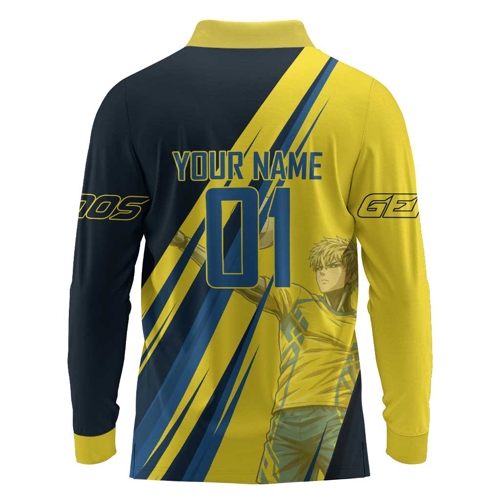 Personalized Genos Volleyball Design Long Sleeve Polo Shirt with Yellow and Blue Athletic Theme and Dynamic Spike Pose