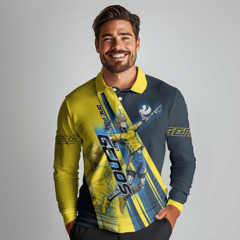 Personalized Genos Volleyball Design Long Sleeve Polo Shirt with Yellow and Blue Athletic Theme and Dynamic Spike Pose