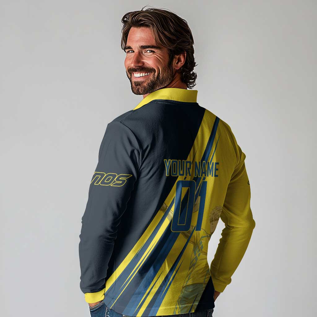 Personalized Genos Volleyball Design Long Sleeve Polo Shirt with Yellow and Blue Athletic Theme and Dynamic Spike Pose