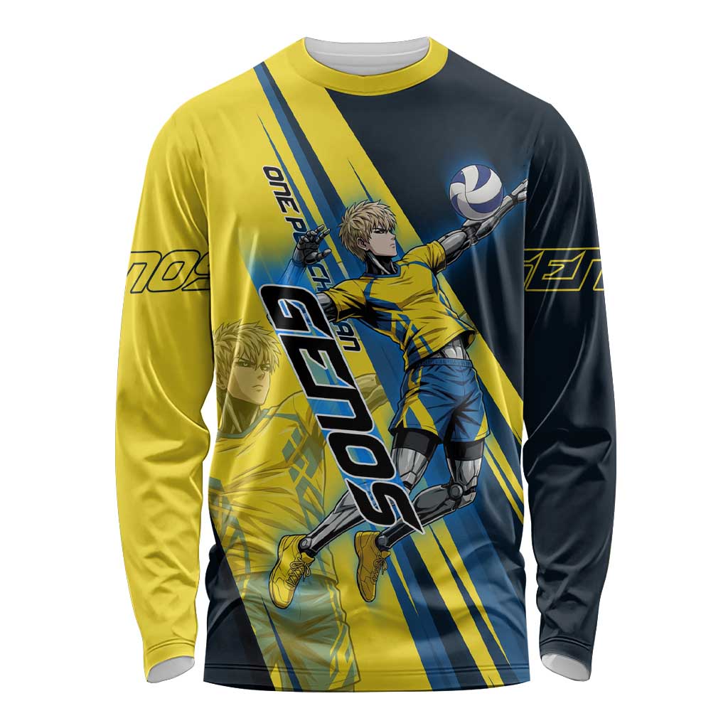 Personalized Genos Volleyball Design Long Sleeve Shirt with Yellow and Blue Athletic Theme and Dynamic Spike Pose