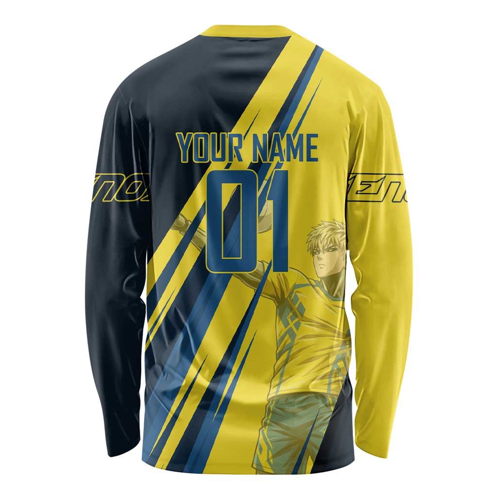 Personalized Genos Volleyball Design Long Sleeve Shirt with Yellow and Blue Athletic Theme and Dynamic Spike Pose